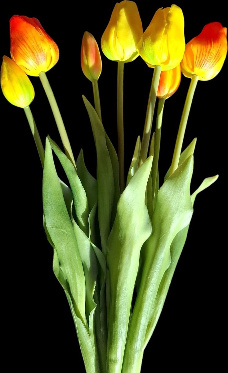 Seta Fiori - Bundel Tulpen 7 x - oranje en geel - Real Touch - 45cm - Mixen met verse bloemen mogelijk -
