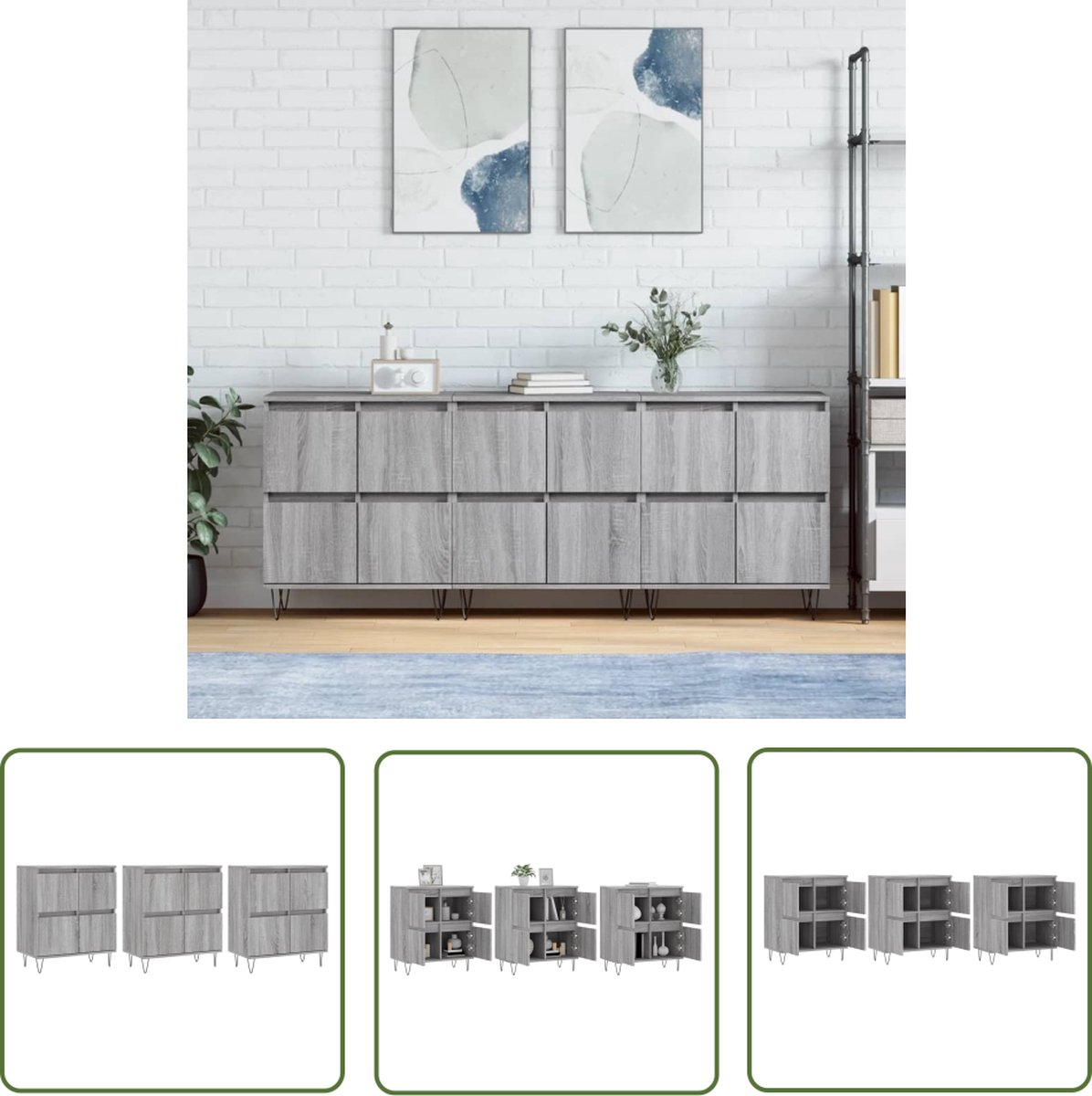 vidaXL Grijze Dressoirs - Dressoirs - Dressoirs 3 st bewerkt hout grijs sonoma eikenkleurig - Houten Dressoirs - Sonoma Eiken Dressoirs - Opbergkast
