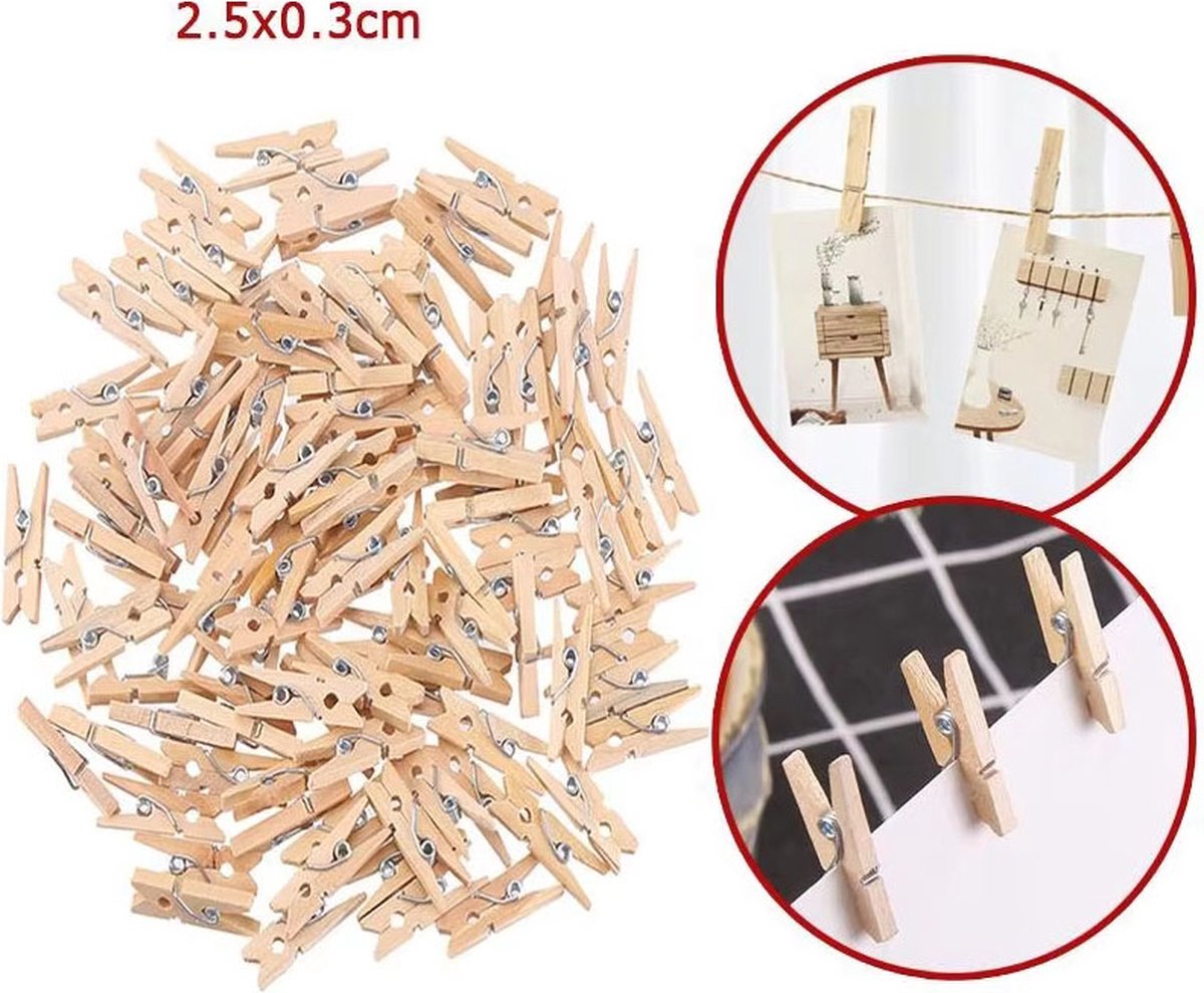 Actie4you® - Mini Wasknijpers Hout – Mini Klem - 25MM - 100 stuks