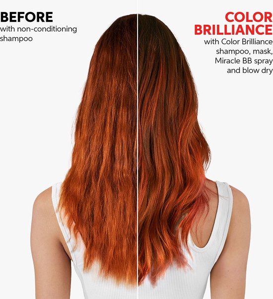 Voor en na de Color Brilliance behandeling. Het haar is glanzend en vol kleur.