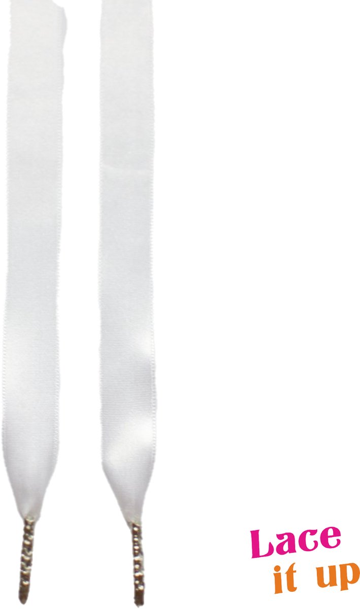 Schoenveters plat satijn luxe - wit breed - 100cm met zilveren nestels wandelschoenen, werkschoenen en meer