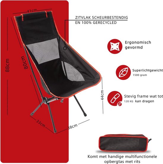 Zwarte campingstoel met oranje rand, afmetingen 88x41x38 cm, rugleuning 80 cm.