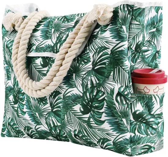 XL strandtas 100% katoen goede kwaliteit stevig dubbeltouw handvat | magnetisch sluiting | waterdicht | groen/wit bladeren tropische 52x15x42 | grote strandtas | zwemtas,strandtas,bigshopper dagelijks gebruik | schoudertas voor dames