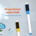 Twee whiteboard stiften met blauwe en gele doppen, met een zwarte magneet aan de wisser.