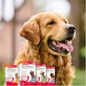 Gouden Retriever met dozen Beaphar wormtabletten, voor katten 2,5kg, honden 2,5kg en 17,5kg.