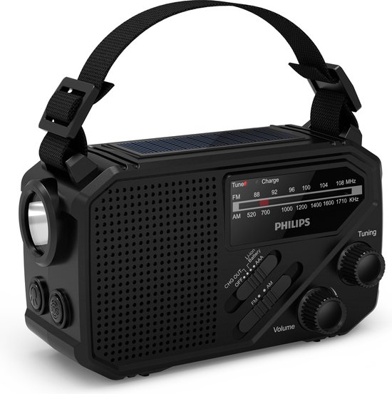 Philips Sound TAR1609 draagbare FM/AM-radio met interne oplaadbare batterij, back-up met AAA-batterij en handslinger, zonne-energie, ingebouwde led-lamp en zaklamp als noodradio survival radio voor kamperen, wandelen en stroomuitval