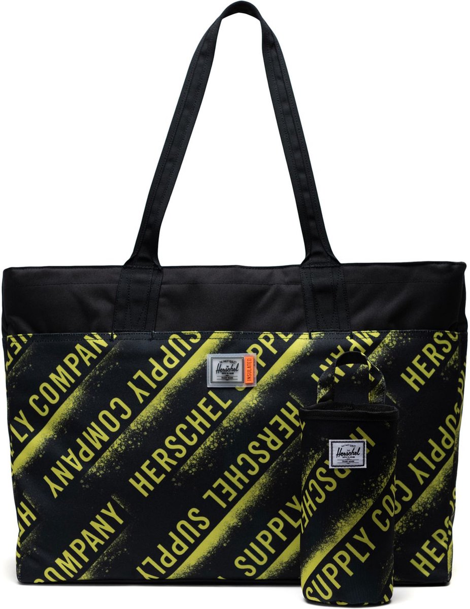 Herschel Thermische zak Schoudertas Alexander Zip Tote Stencil Roll Call Black Zwart Neongeel