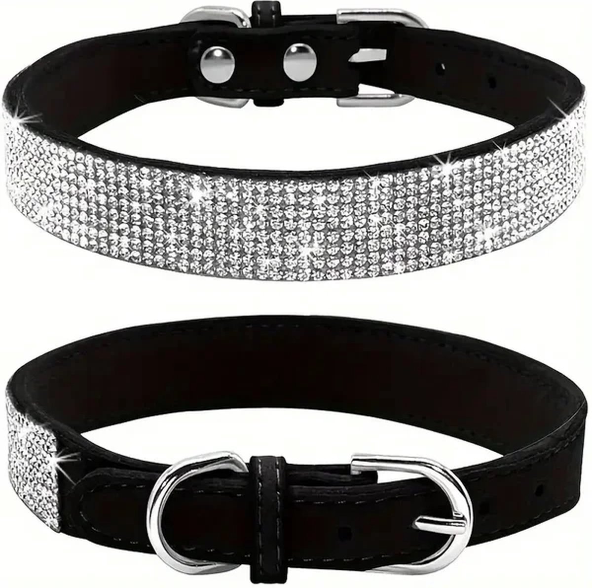 Honden halsband Zwart- Halsband Honden met Glitter en Strass - Zwart maat S - Luxe Honden Halsband - Petshop Seven®
