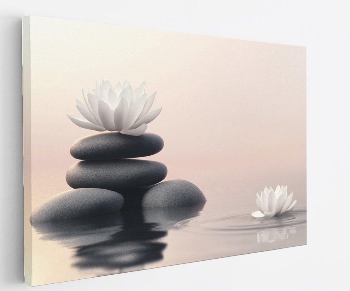 Saammp Canvas Schilderij - Witte Bloemen met stenen - Landschap - Natuur - 60x40 - Foto op canvas - Wanddecoratie - Muurdecoratie Woonkamer - Slaapkamer decoratie - Canvas Print Multicolor