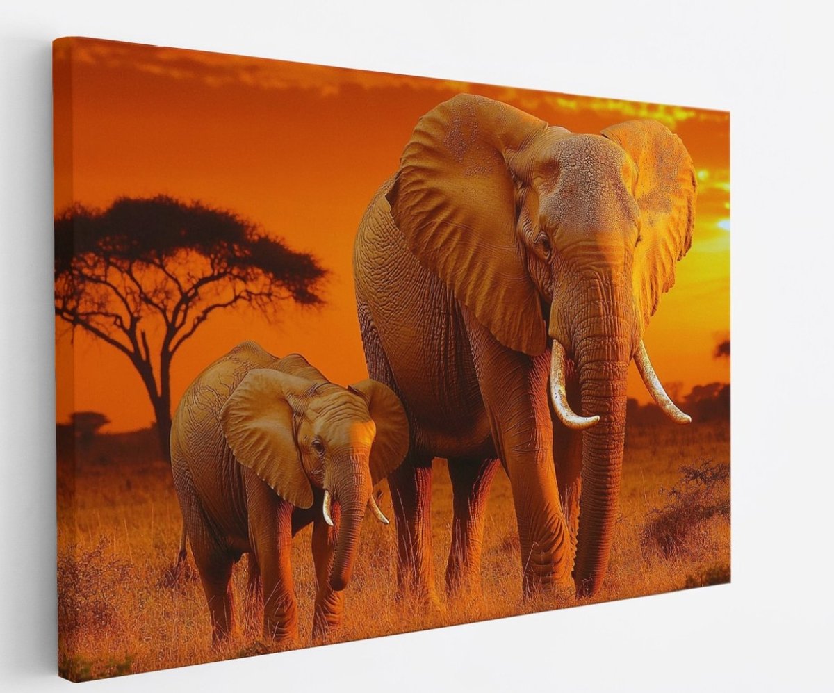 Saammp Canvas Schilderij - Olifant met kalf in zonsondergang - Afrika - Dieren - 45x30 - Foto op canvas - Wanddecoratie - muurdecoratie Woonkamer - Slaapkamer decoratie - Canvas Print Multicolor