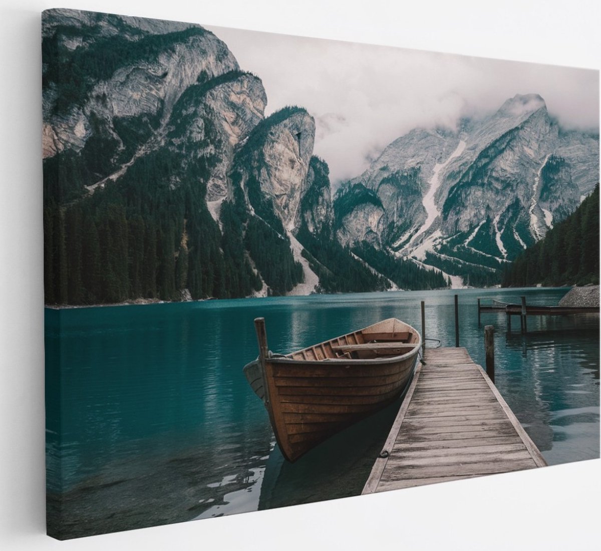 Saammp Canvas Schilderij - Boot aan steiger in de dolomieten - Landschap - Natuur - 30x20 - Foto op canvas - Wanddecoratie - Muurdecoratie Woonkamer - Slaapkamer decoratie - Canvas Print Multicolor
