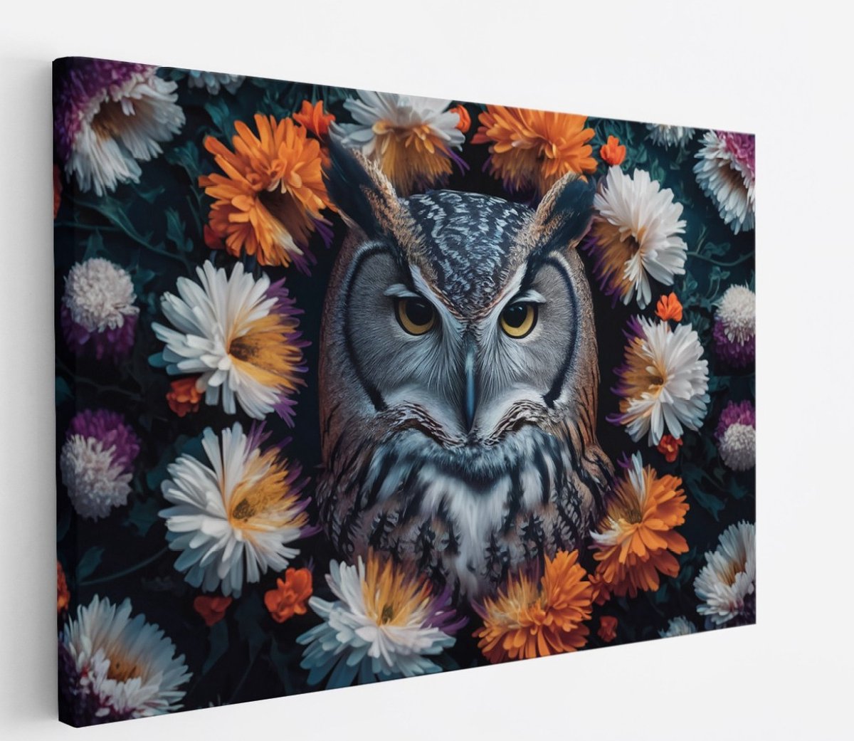 Saammp Canvas Schilderij - Uil tussen de bloemen - Abstract - Dieren - 40x30 - Foto op canvas - Wanddecoratie - muurdecoratie Woonkamer - Slaapkamer decoratie - Canvas Print Multicolor