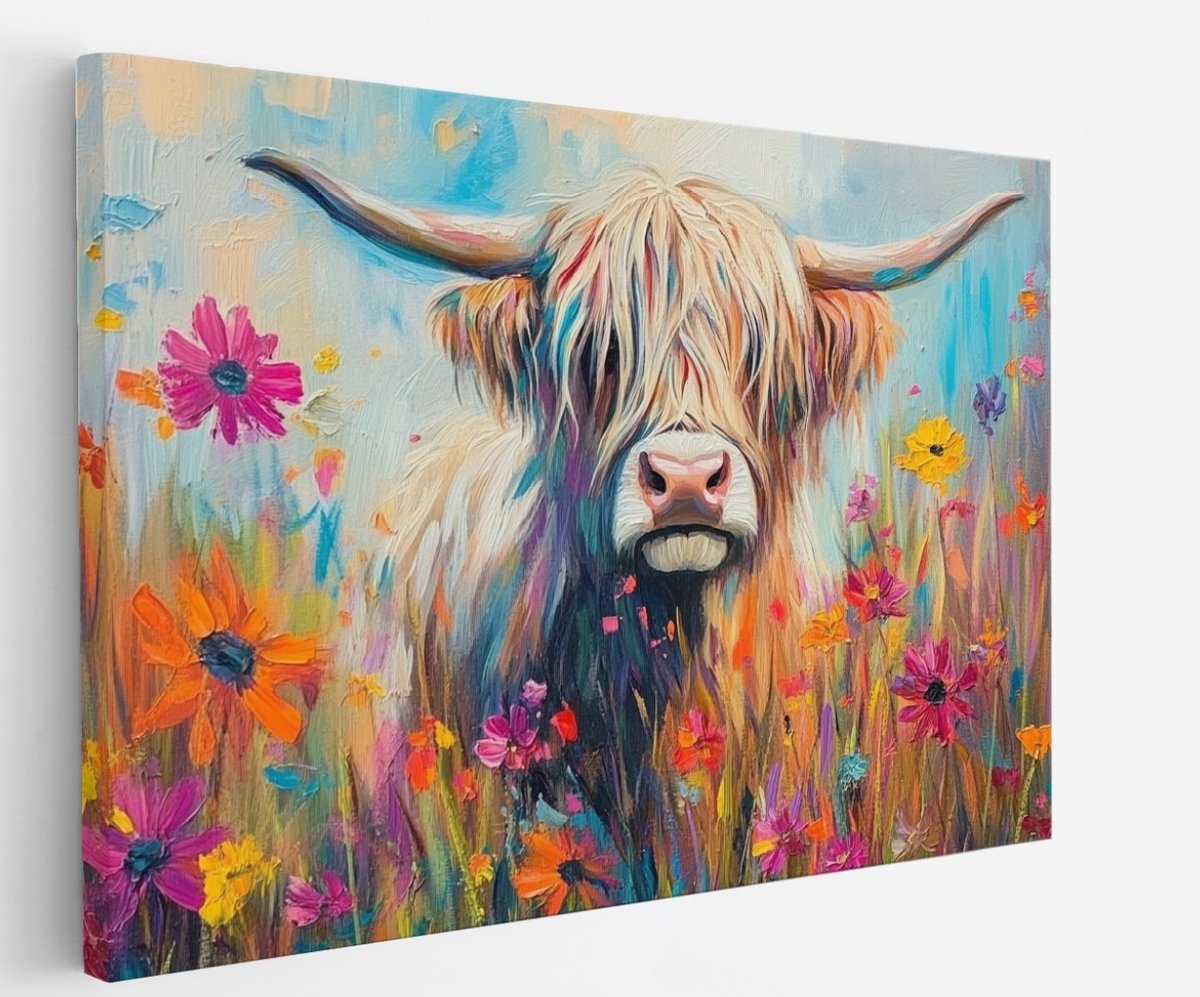 Saammp Canvas Schilderij Schotse Hooglander Koe op een rots - Dieren - Natuur - 150x100 - Foto op canvas - Wanddecoratie - muurdecoratie Woonkamer - Slaapkamer decoratie - Canvas Print Multicolor