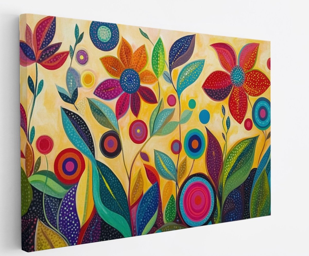 Saammp Canvas Schilderij - Getekende Bloemen - Abstract - 120x80 - Foto op canvas - Wanddecoratie - Muurdecoratie Woonkamer - Kantoor Decoratie Multicolor