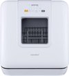 Witte Comfee mini vaatwasser met digitaal display waarop 2:35 wordt weergegeven en knoppen voor 'P', 'ECO' en 'Start/Pauze'.