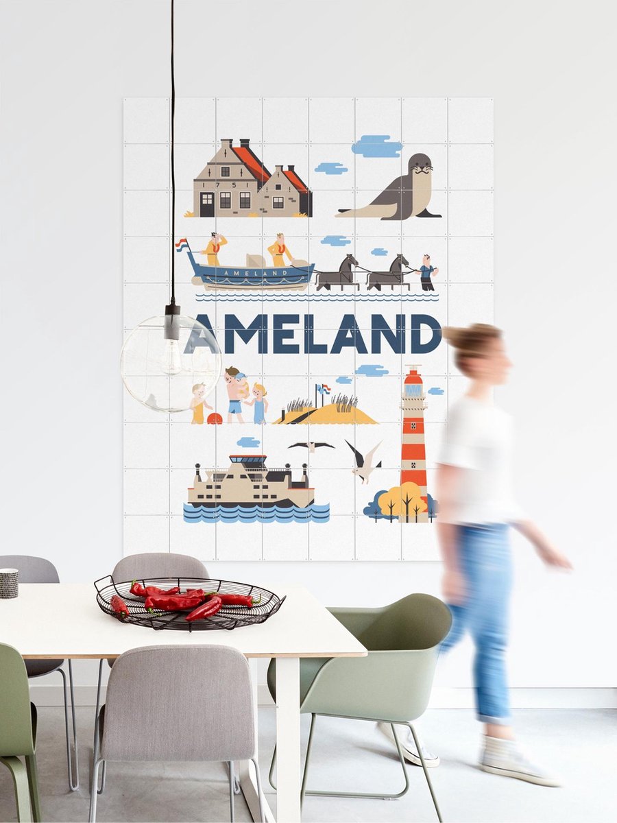 IXXI Ameland, Jochem Coenen & Kunst in Kaart - 80 x 100 cm - Gratis ophangtool - Grote wanddecoratie en posters - Kleurrijk, Speels, Grafisch Ontwerp