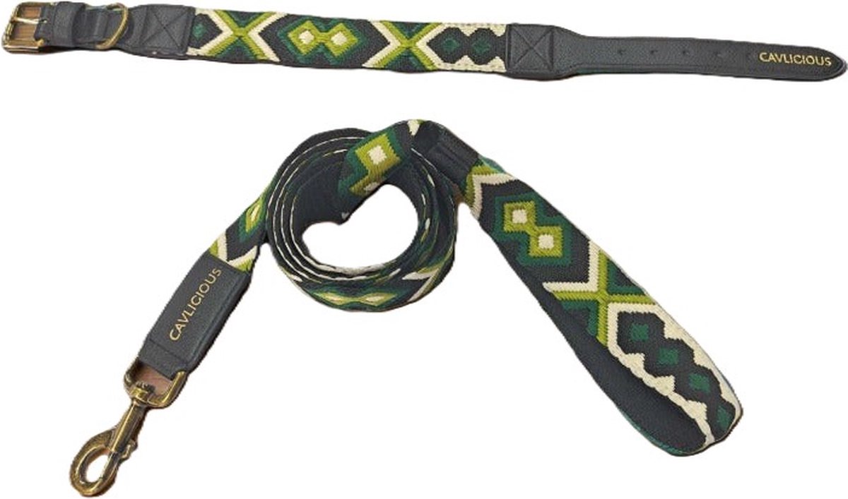 Cavlicious® honden halsband met riem - veganleder - windhonden - groen - L