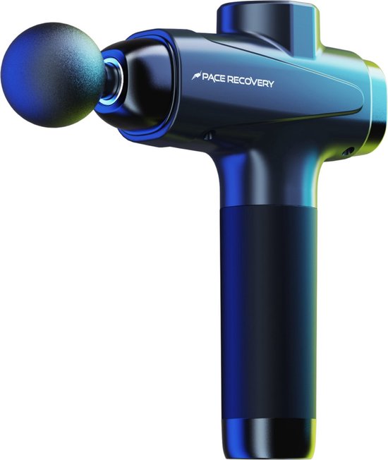 Donkerblauwe massage gun met een ronde opzetkop, belicht door blauw en groen licht.