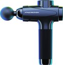 Zwarte massage gun met een ronde opzetkop, met blauw-groene reflecties.