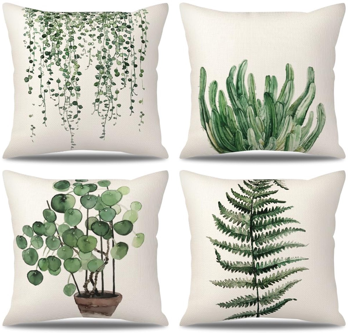 My Ninki ® Kussenslopen Set van 4 met Groene Bladprint voor Binnen en Buiten, 60 x 60 cm
