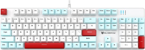 SunSonny N-J9PRO Mechanisch Gaming Toetsenbord Wit/ Blauw-Rood - 104 Keys Ergonomisch Bedraad RGB Gaming Keyboard - Red Switches