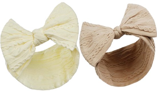 2 Baby Haarbanden met Strik - Light Cream & Beige - 0/6 mnd