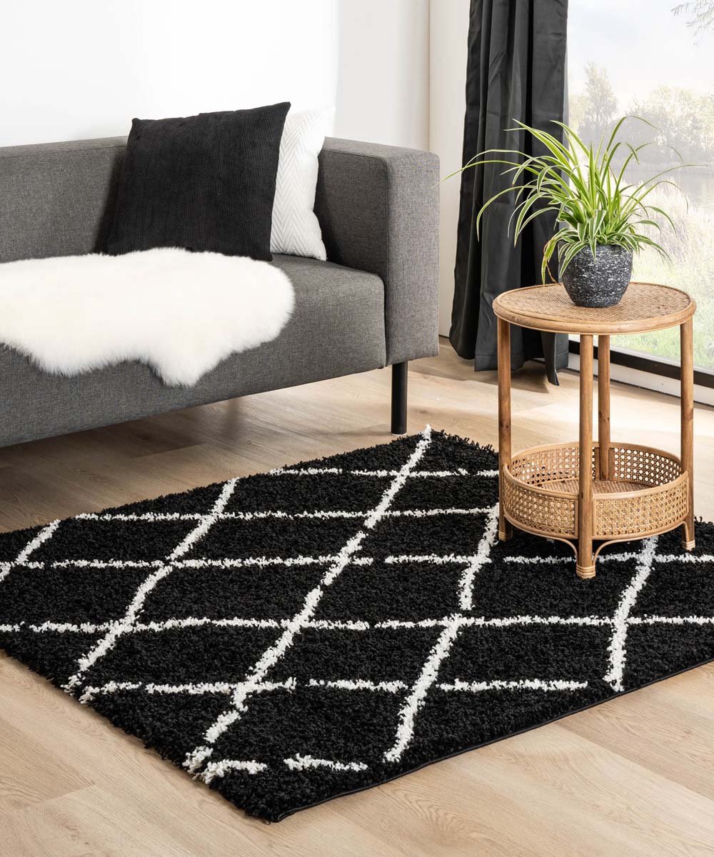 Vierkant hoogpolig vloerkleed ruiten Habitat - zwart/wit 140x140 cm