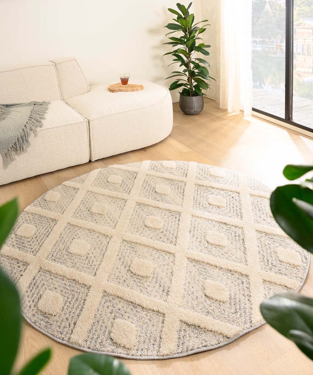 Tapeso Scandinavisch vloerkleed rond - Fjord Reise grijs/crème 120