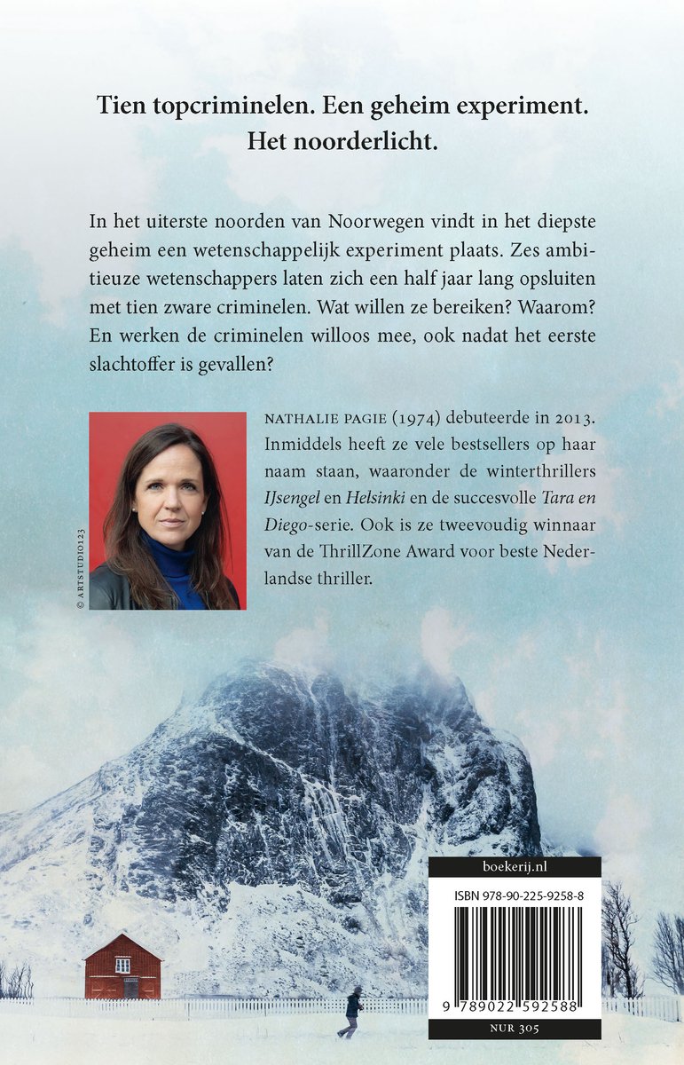 Achterkant boek met foto van Nathalie Pagie en besneeuwde bergtop. Titel: Tien topcriminelen. Een geheim experiment. Het noorderlicht.