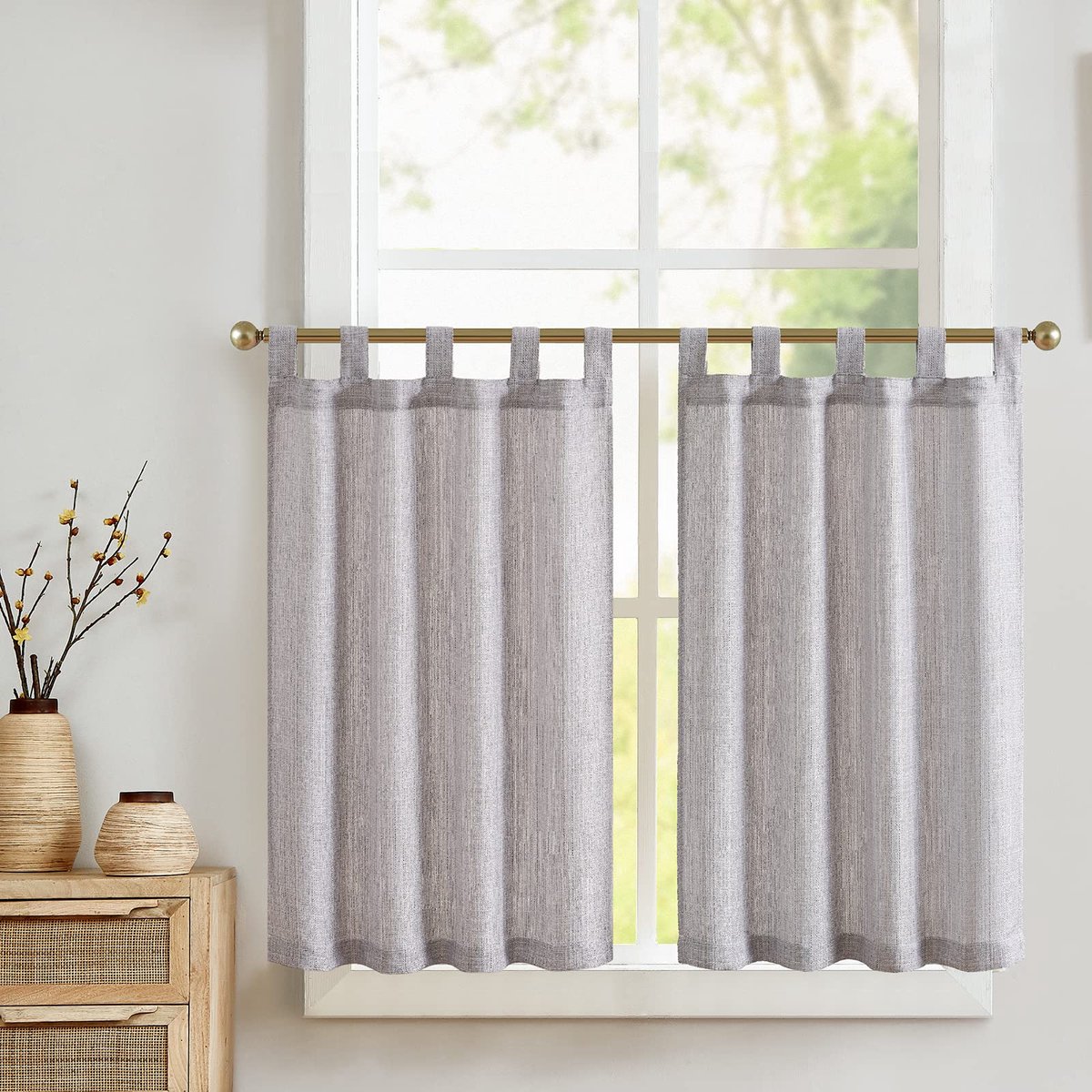 My Ninki ® Moderne Halftransparante Keukengordijnen in Linnenlook voor Kleine Ramen, Set van 2, 70 x 60 cm lichtgrijs