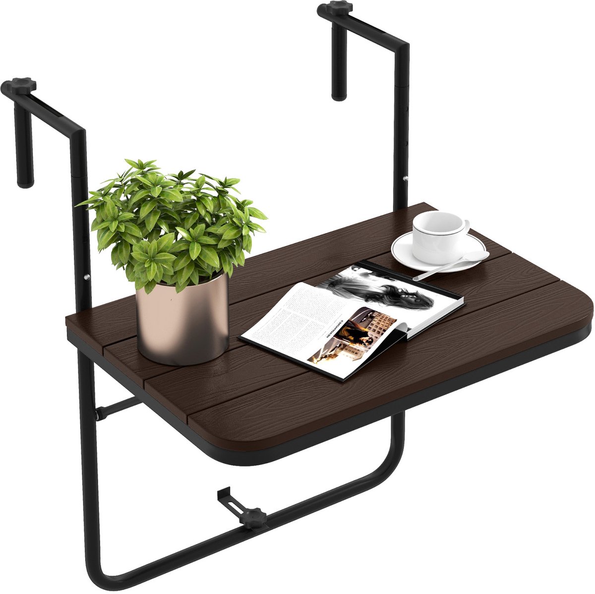COSTWAY Balkontafel om op te hangen, inklapbare balkonhangtafel met 3-traps verstelbare hoogte, klaptafel, hangtafel, weerbestendig, voor balkonleuningen, 60 x 40 cm, koffie