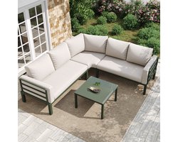 Sweiko Tuin loungeset - 4-5 zits - Glazen salontafel - Gegalvaniseerd ijzeren frame - Met zitkussens + kussens - Verstelbare tafelpoten - Beige