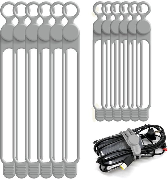 12 pièces - 10 cm et 18 cm - Serre-câbles en Siliconen - Organiseur de câbles - Idéal pour la gestion des câbles - Réutilisable - Idéal pour la maison, le bureau, la cuisine, l'école et les voyages - Grijs