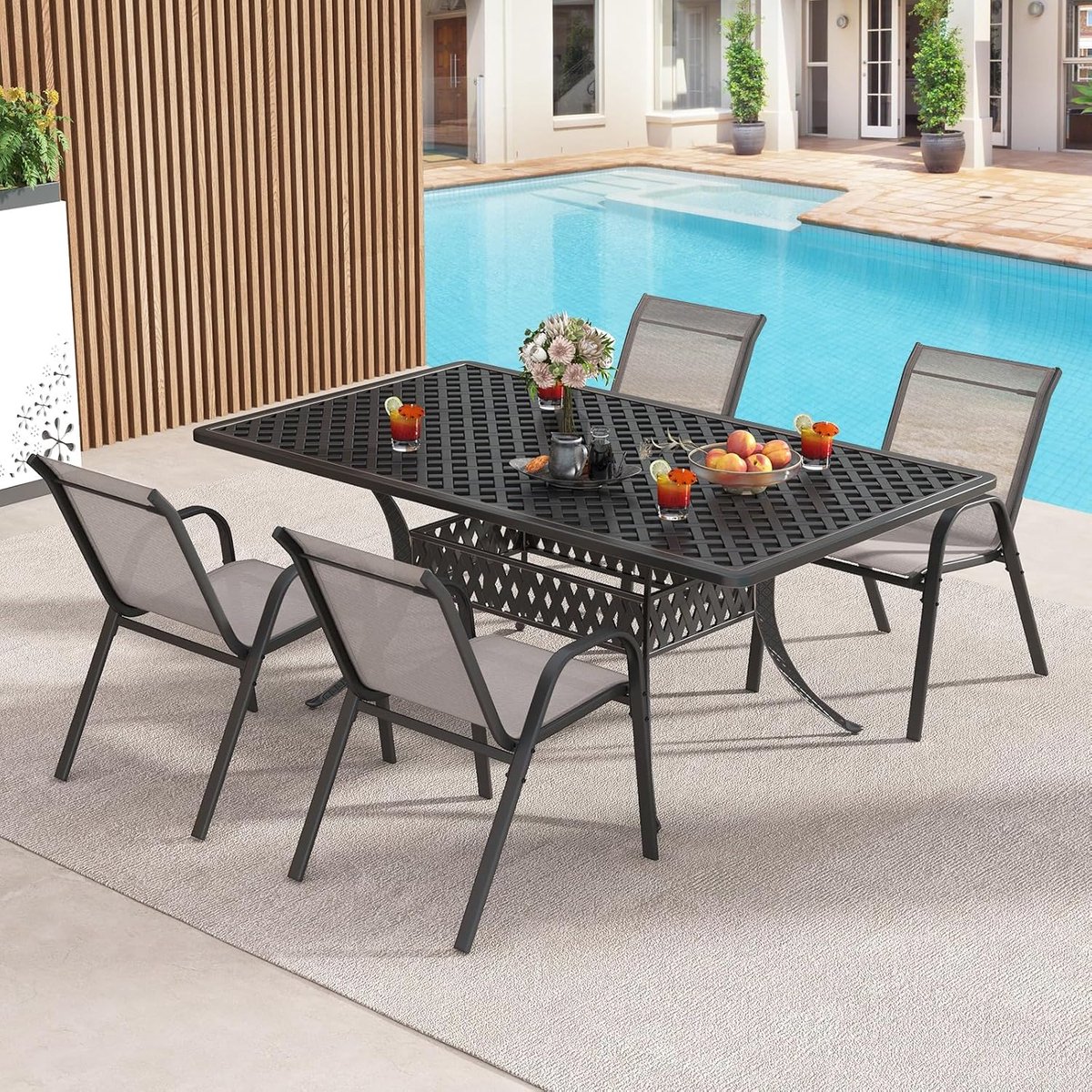 COSTWAY Set van 4 stapelbare tuinstoelen, stapelstoelen van textiel en metalen frame, terrasstoelen met armleuningen, balkonstoelen, belastbaar tot 150 kg, 56 x 70 x 84 cm, grijs thumbnail 5