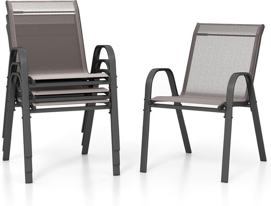 COSTWAY Set van 4 stapelbare tuinstoelen, stapelstoelen van textiel en metalen frame, terrasstoelen met armleuningen, balkonstoelen, belastbaar tot 150 kg, 56 x 70 x 84 cm, grijs