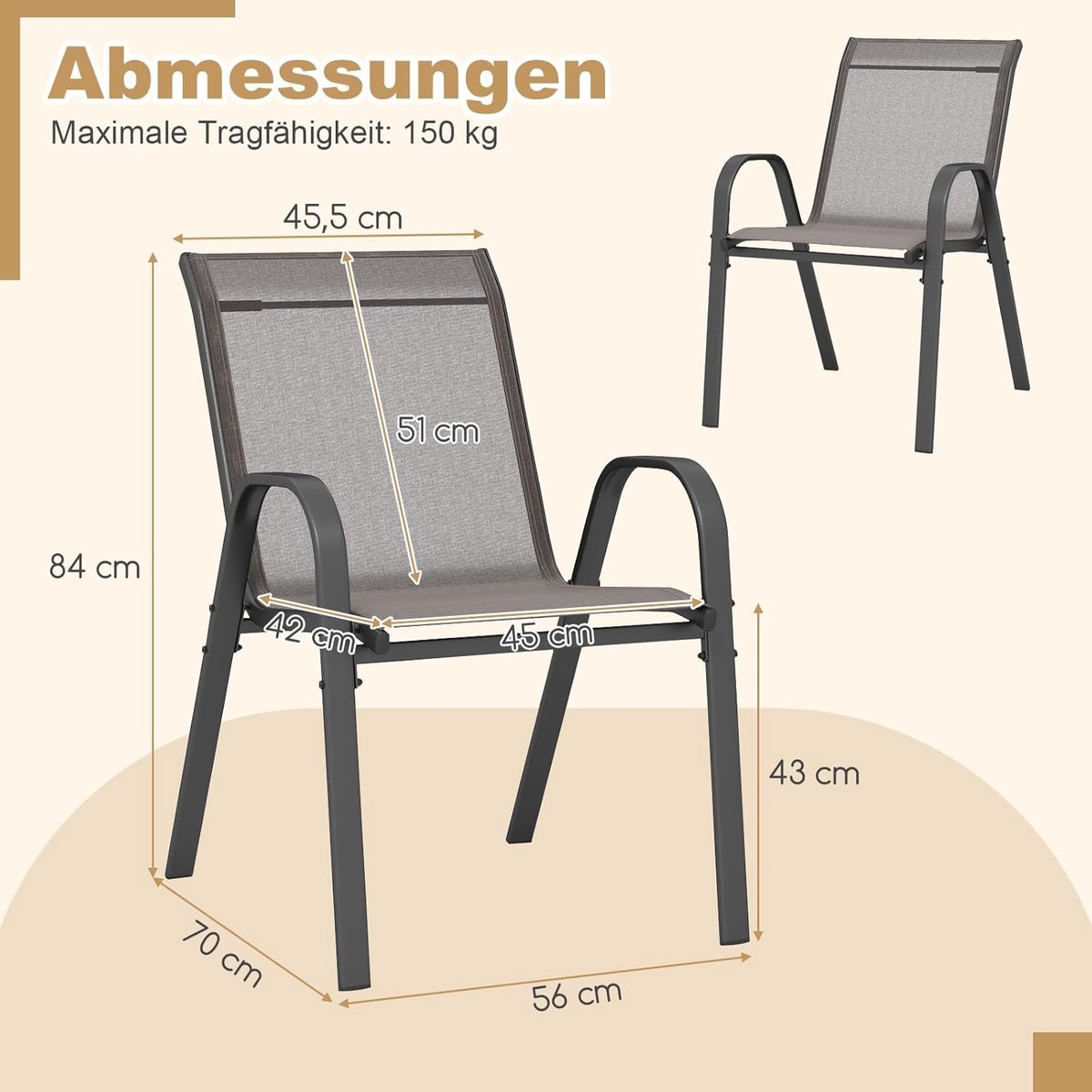 COSTWAY Set van 4 stapelbare tuinstoelen, stapelstoelen van textiel en metalen frame, terrasstoelen met armleuningen, balkonstoelen, belastbaar tot 150 kg, 56 x 70 x 84 cm, grijs thumbnail 3
