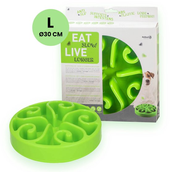 Eat Slow Live Longer Original Voerbak L/XL - Ø30 cm - Anti schrokbak hond – Slowfeeder hond – Anti-slip – Geschikt voor grote honden - Groen