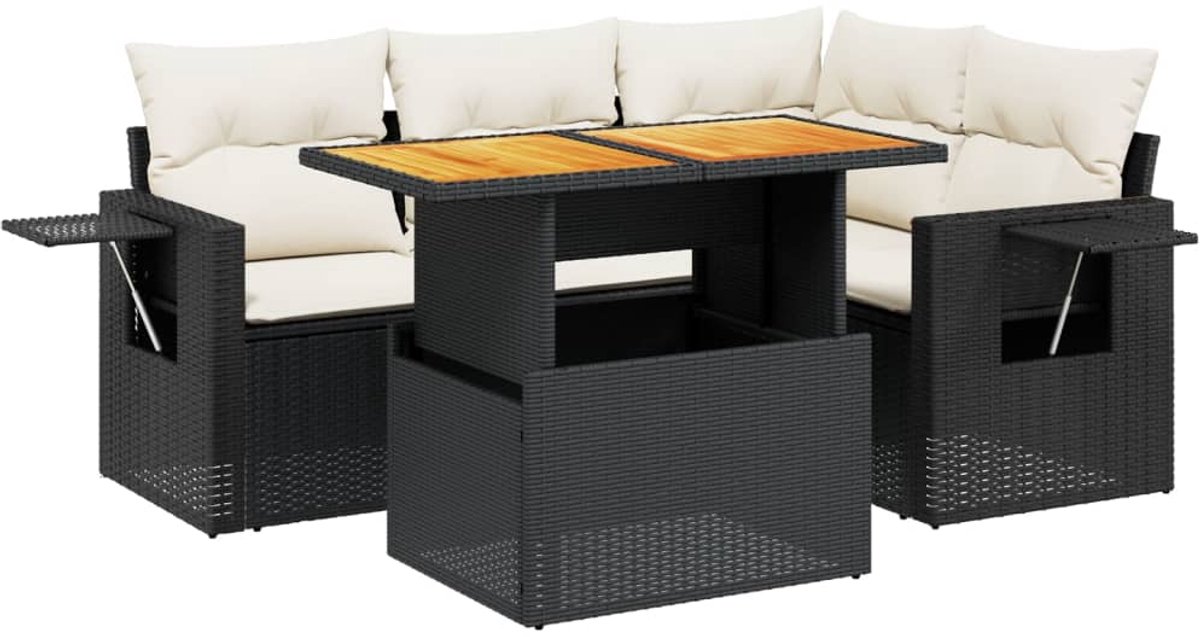 The Living Store 5-delige Loungeset met kussens poly rattan zwart - Loungeset - Tuinset - Lounge Set - Buitendecoratie - Tuinmeubels