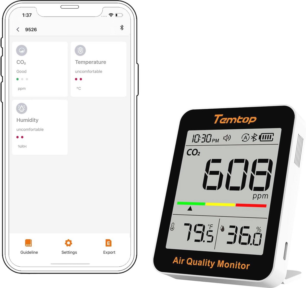 Bluetooth Luchtkwaliteitsmonitor voor Thuis en Kantoor - CO2, Temperatuur en Vochtigheid Meter met Mobiele App