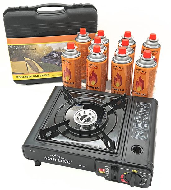 SMH LINE® Camping kooktoestel – Draagbaar Gasfornuis – Incl. 10x gasflessen en koffer