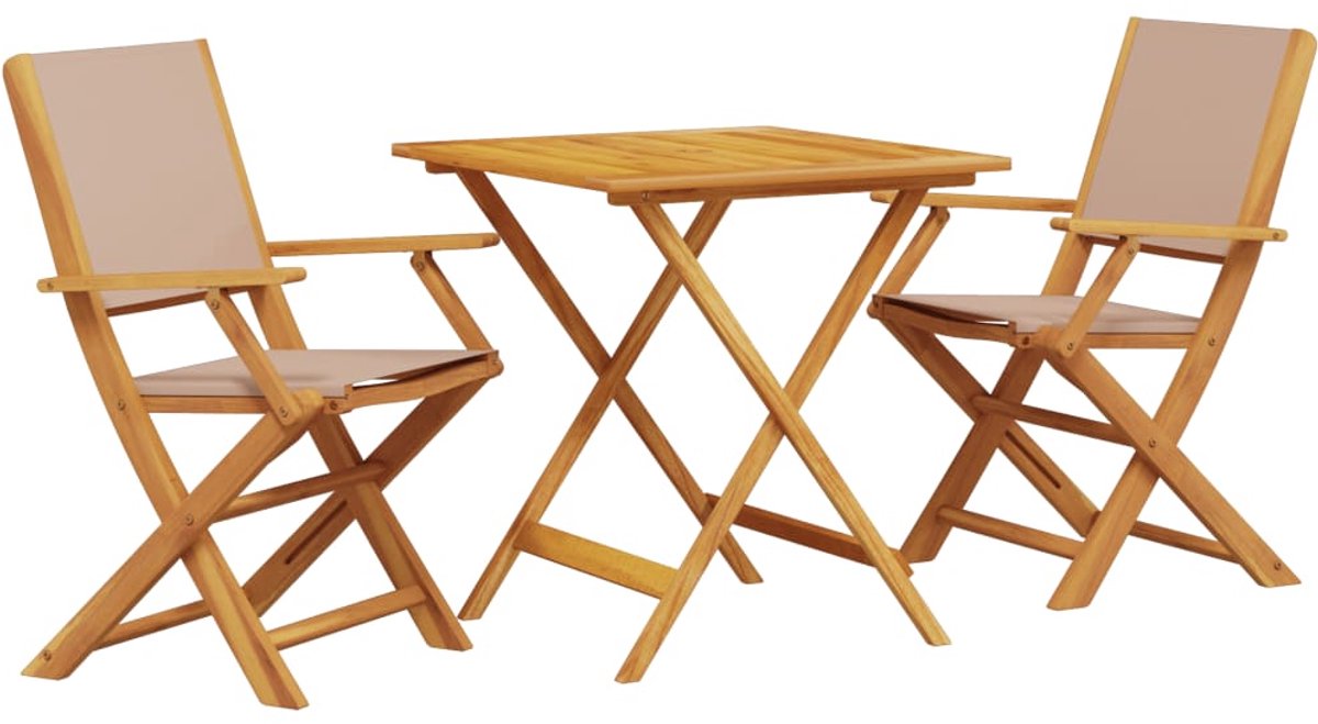 Bistroset in taupe stof en massief hout voor tuindecoratie.