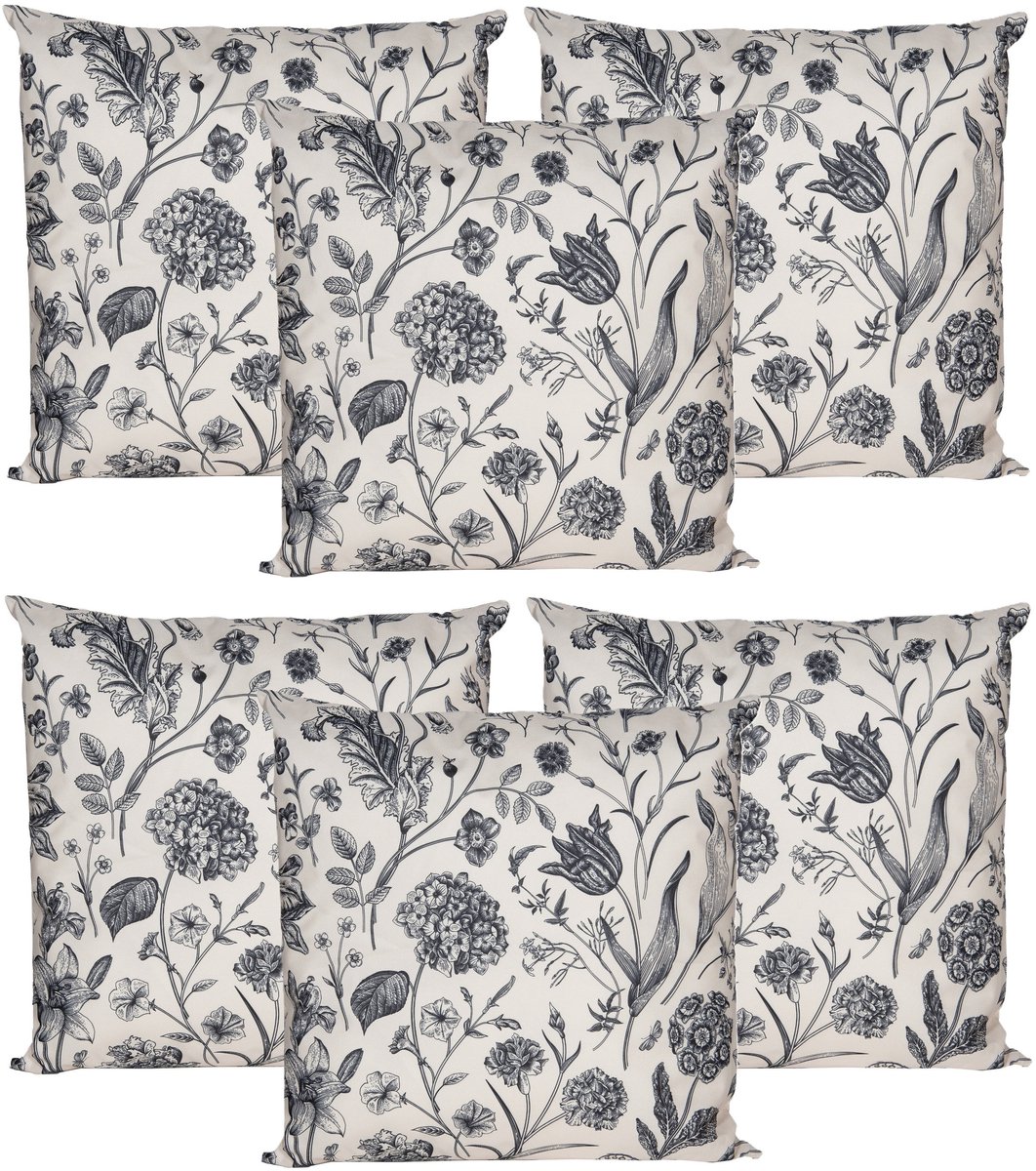 Anna's Collection Sierkussen voor binnen en buiten - 6x - vintage flowers - creme wit - 60 x 60 cm - tuinkussen