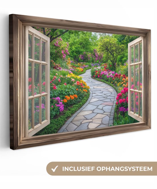 Peinture sur toile 90x60 cm - Décoration murale Vue - Fleurs - Allée de jardin - Nature - Fenêtre - Décoration murale murale salon - Décoration chambre - Accessoires chambre - Peintures sur toile