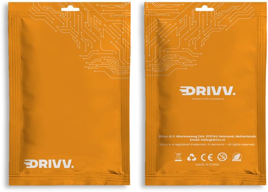 Orange Drivv. verpakking met circuitpatroon en productinformatie.