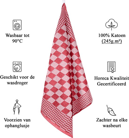 Rood-wit geblokt keukendoek met icoontjes en tekst: Wasbaar tot 90°C, Geschikt voor de wasdroger, Zacht na elke wasbeurt, Horeca Kwaliteit Gecertificeerd, 100% Katoen.