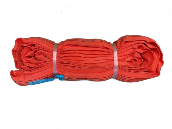 Oranje polyester hijsband, opgerold met twee witte banden.