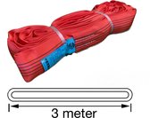 Opgerolde oranje polyester hijsband, vastgezet met witte banden. Met label 'TETRA' en een illustratie met '3 meter'.