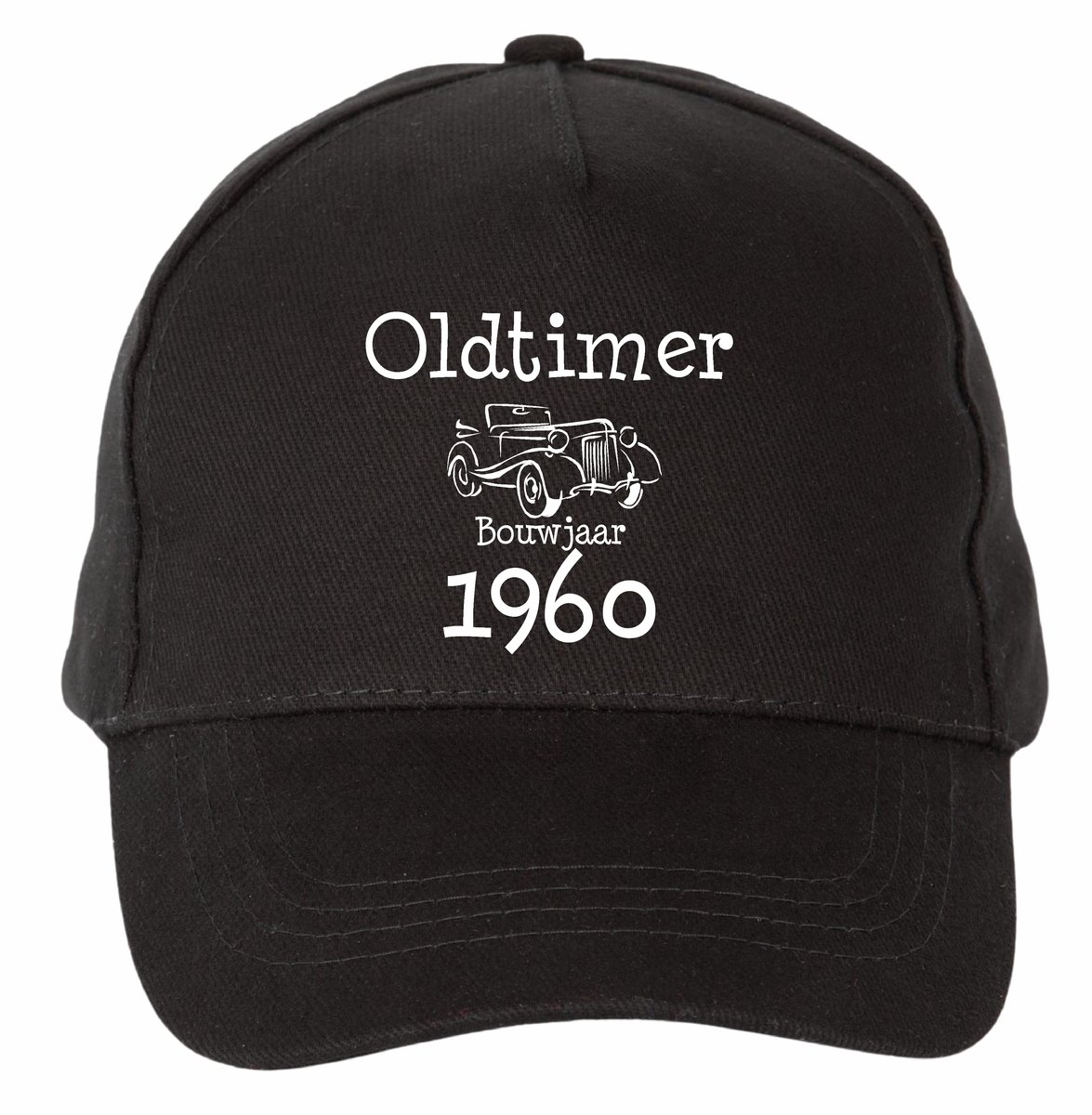 Mijncadeautje - 5 panel - Cap - Verstelbaar - Pet van 100% dik geborsteld katoen- unisex - opdruk wit - Oldtimer 1960 - zwart