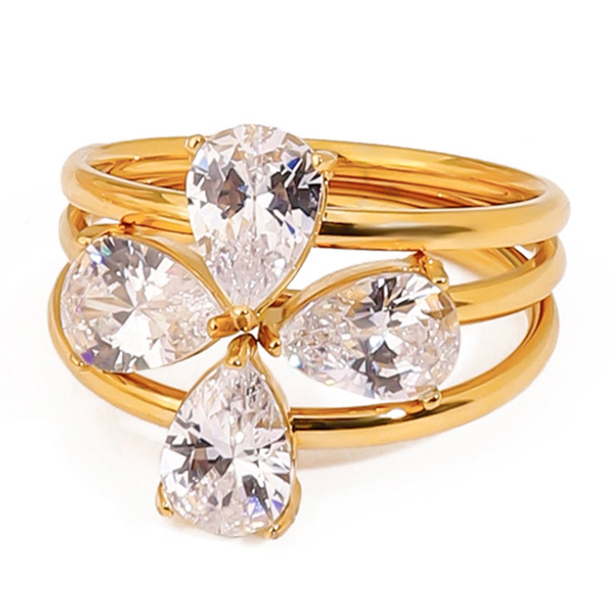 Marama - Ring Eloise Goud - bloem - stainless steel - gouden plating - set van 3 - los draagbaar - strass steentjes - subtiel - trendy - goudkleurig - damesring