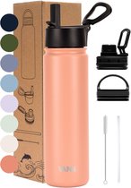 VANN® 3-Wandige RVS Drinkfles 650 ML met rietje voor volwassenen – Met 5 accessoires – bidon – 24 uur koud/12 uur warm – Coral – VANN ULTIMATE BOTTLE®